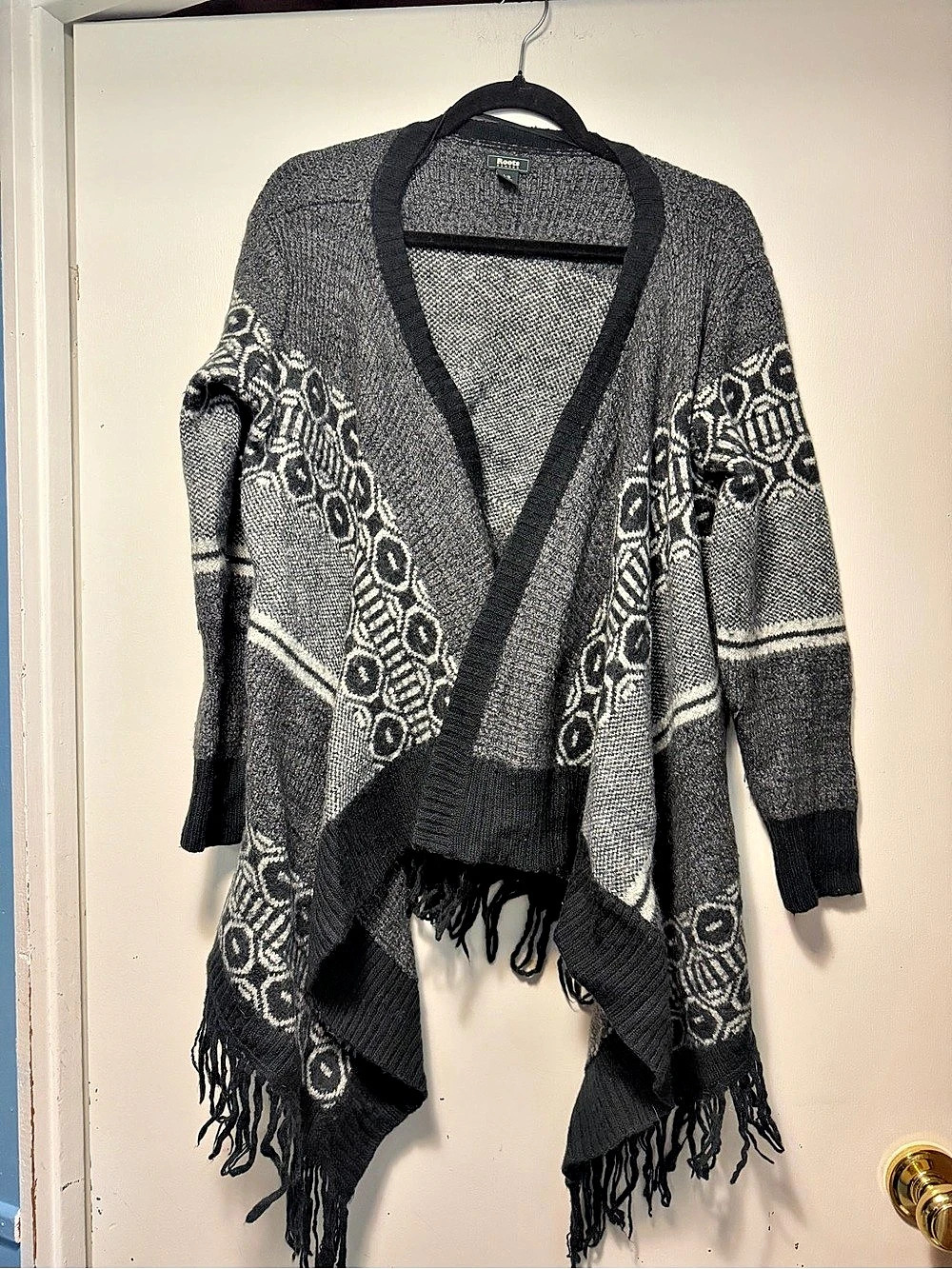 Roots Fringe Open Front Cozy Cardigan Sweater Gray & Black Large Fall